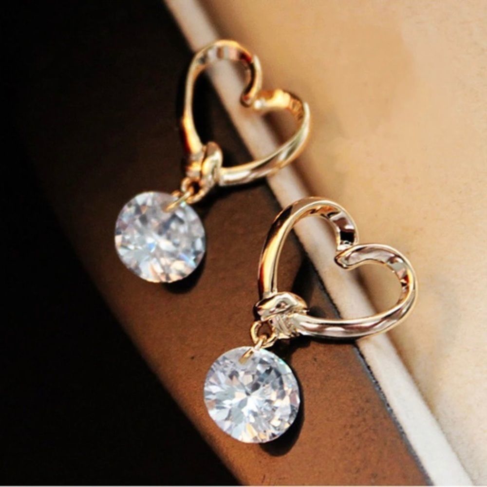GOLDEN Heart Dangling Crystal Earrings - Picture 2 of 10